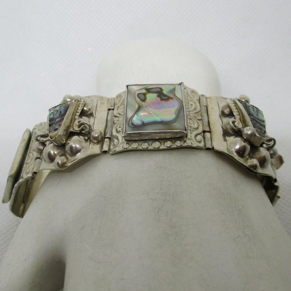 ABALONE MEXICAN SILVER Panel Bracelet Abalone Masks Rectangles Marked Mexico - Picture 8 of 15